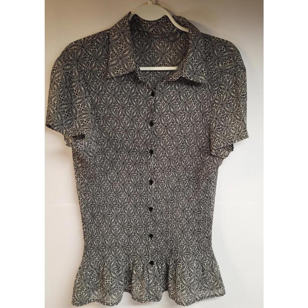 APT. 9 Women's blouse button-up front half sleeves ruffled bottom L black/white